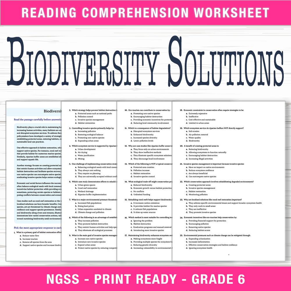 Grade 6 Science worksheet worksheet — 6th Grade Science | Biodiversity Solutions Worksheet (PDF + Answer Key) — page 1
