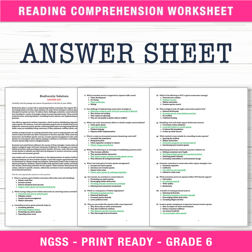 Grade 6 Science worksheet worksheet — 6th Grade Science | Biodiversity Solutions Worksheet (PDF + Answer Key) — page 2