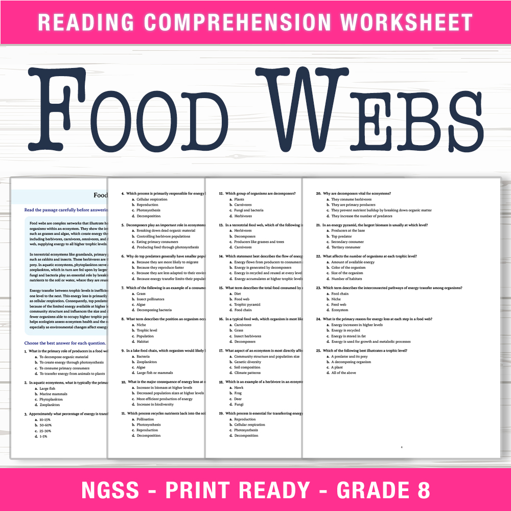 Grade 8 Science worksheet worksheet — Grade 8 Science | Food Webs Worksheet (PDF + Answer Key) — page 1