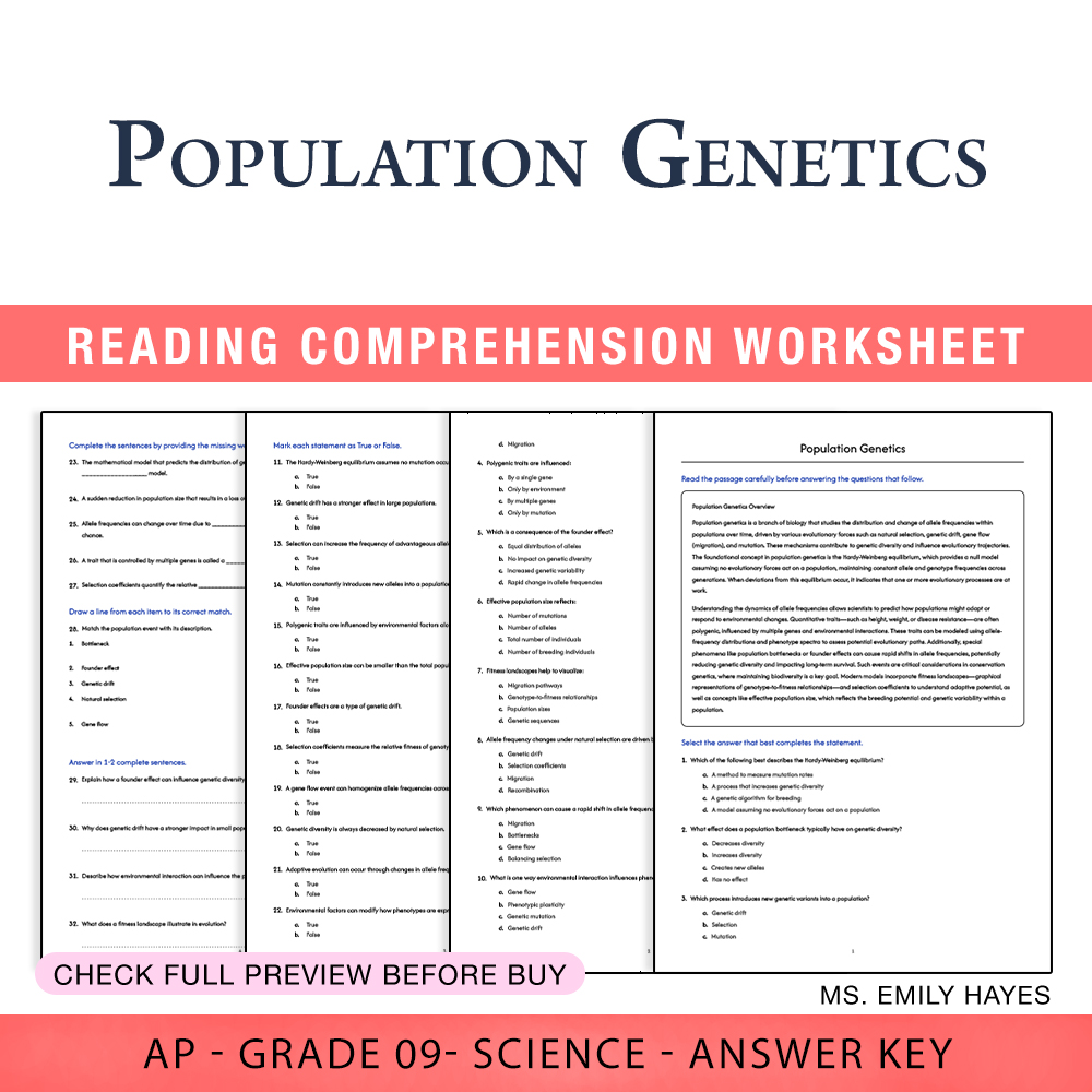 Grade 9 Science worksheet worksheet — Grade 9 Science | Population Genetics Worksheet (PDF+ Answer Key) — page 1