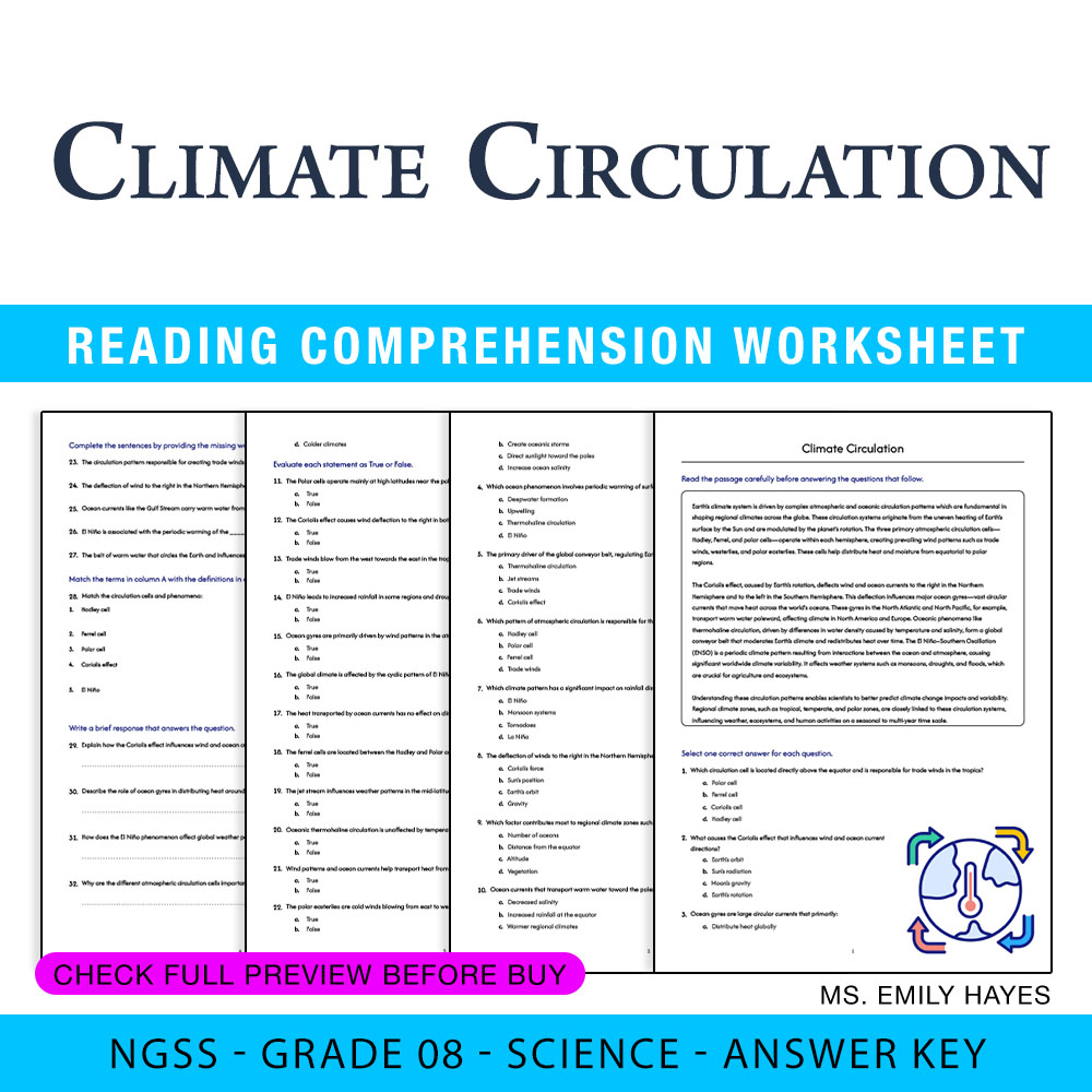 Grade 8 Science worksheet — Grade 8 Science | Climate Circulation Worksheet (PDF + Answer Key) — page 1