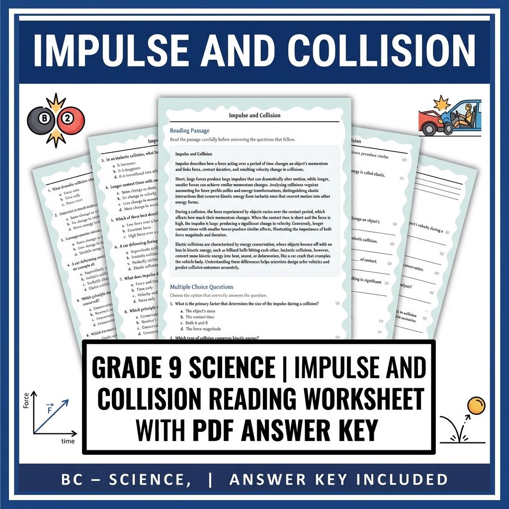 Grade 9 Science reading worksheets — Grade 9 Science | Impulse and Collision Reading Worksheet with PDF Answer Key