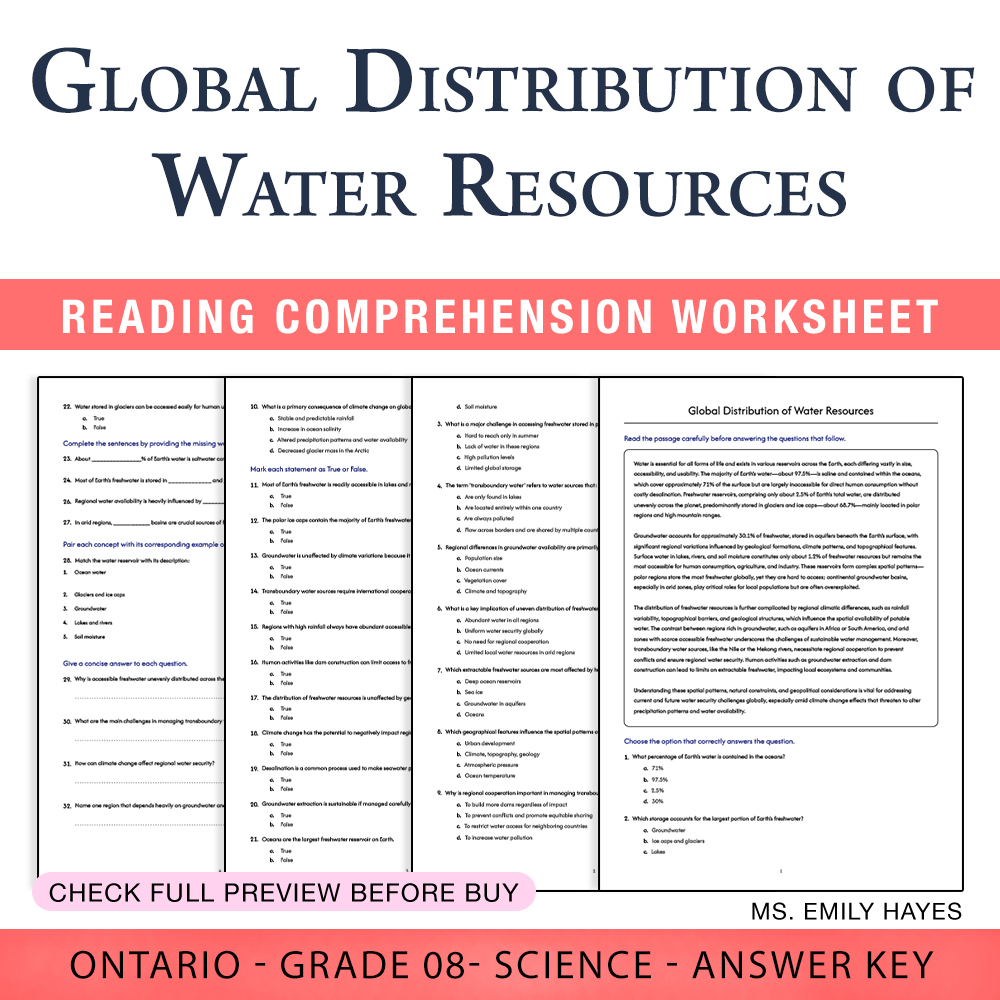 Grade 8 Science worksheet worksheet — Grade 8 Science |Global Distribution of Water Resources Worksheet (PDF+ Answers) — p…