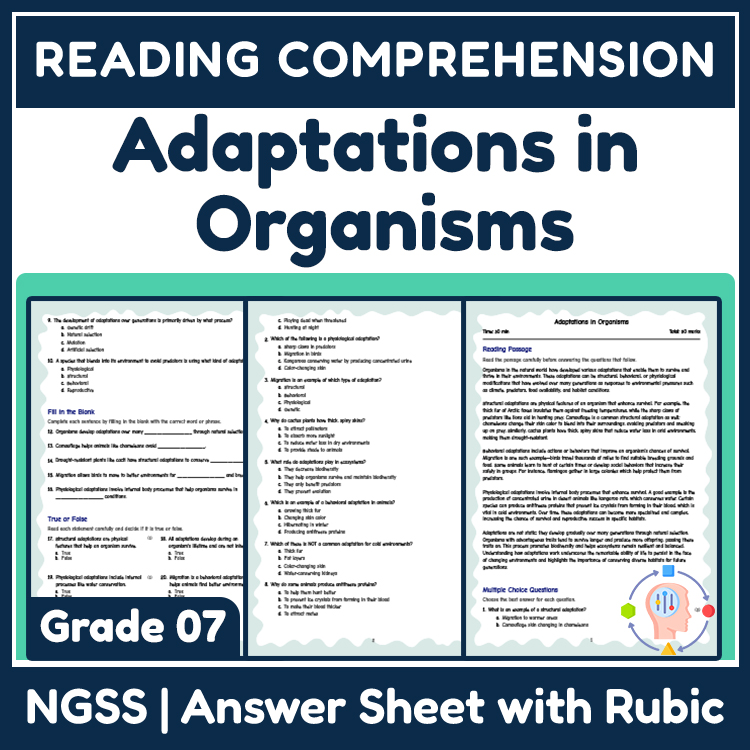 Science reading worksheets worksheet — Grade 7 Science | Adaptations Reading Worksheets (PDF) — page 1