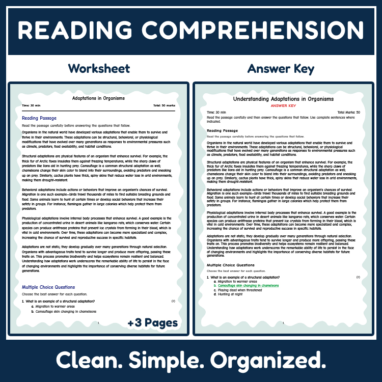 Science reading worksheets worksheet — Grade 7 Science | Adaptations Reading Worksheets (PDF) — page 2