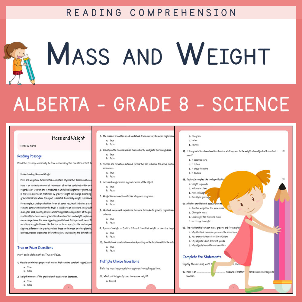 Grade 8 Science worksheet elena worksheet — Grade 8 Science | Mass and Weight Worksheet Elena | Alberta Standards — page 1