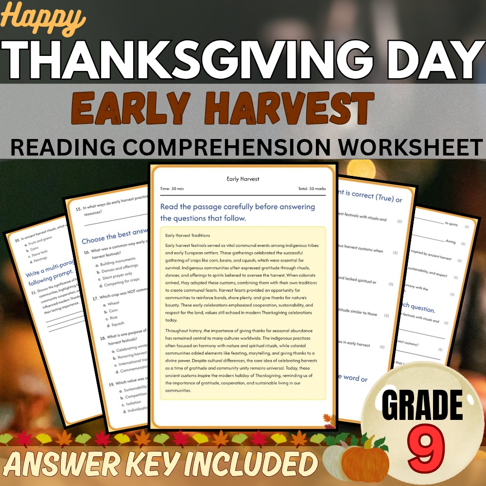 Grade 9 Seasonal Holidays Worksheet Pack | Thanksgiving History (PDF+Answer Key) — included worksheet 1