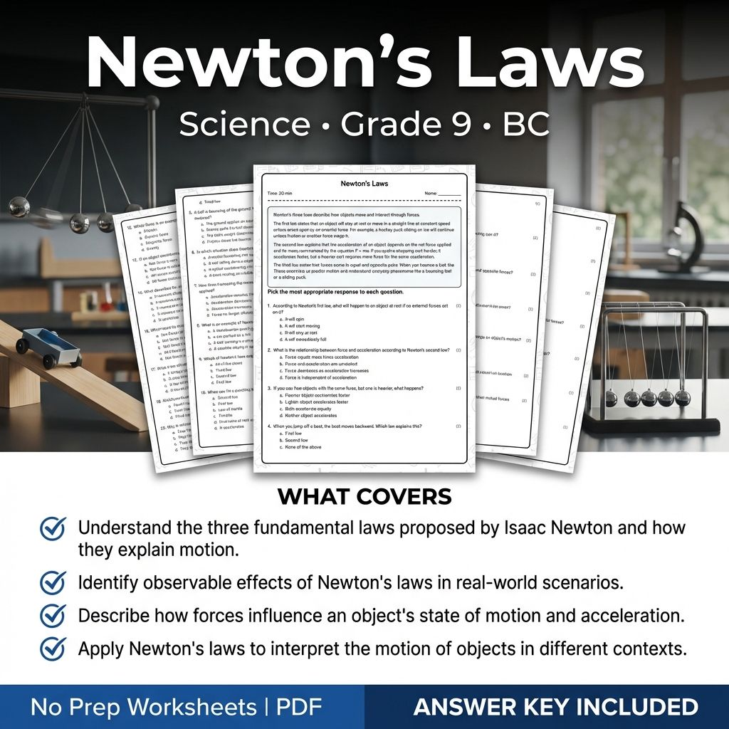 Newton's Laws Grade 9 Science Worksheet with Answer Key | BC Standards