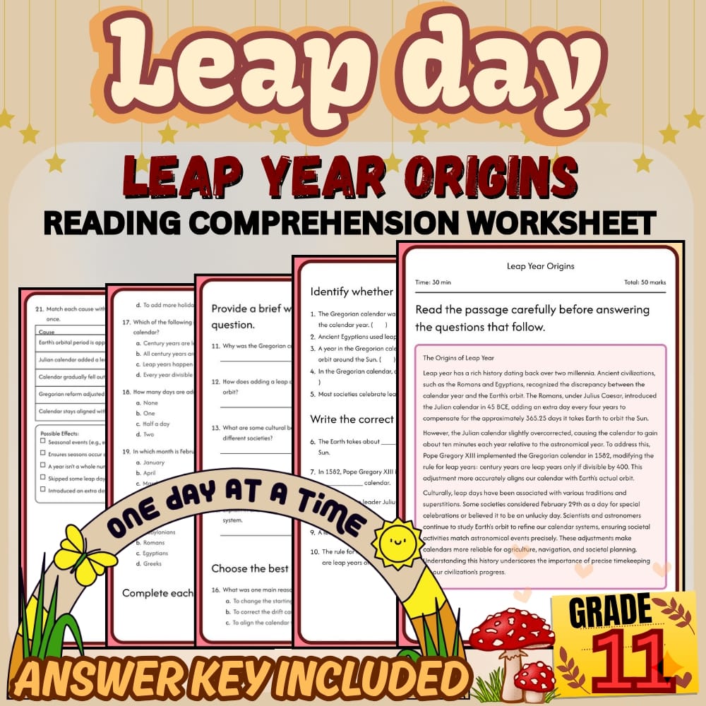 Grade 11 Holiday | Leap Year Origins Worksheet for Mastery | PDF + Answer Key