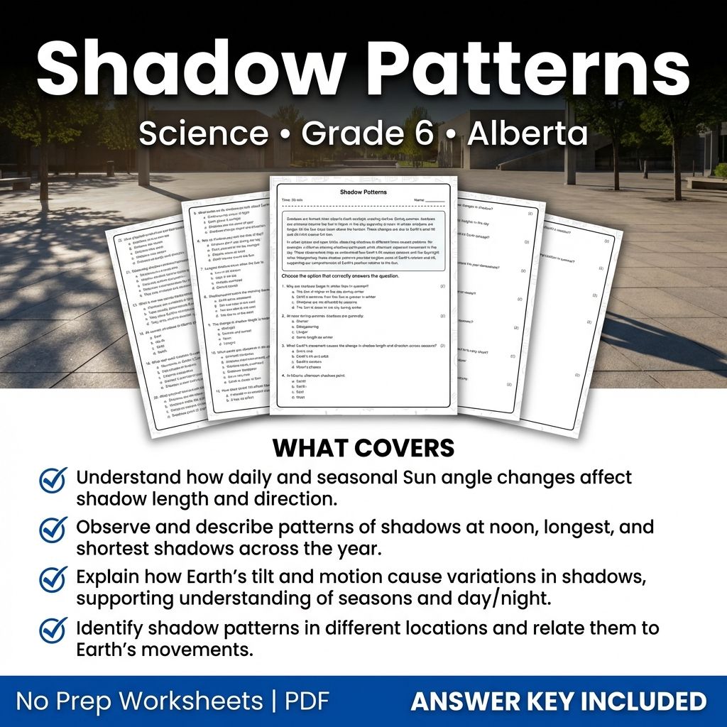 Grade 6 Science Worksheet on Shadow Patterns | Alberta Standards