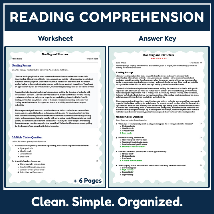 Grade 11 Science reading worksheets worksheet — 11th Grade Science | Bonding and Structure Reading Worksheet (PDF + Rubric…