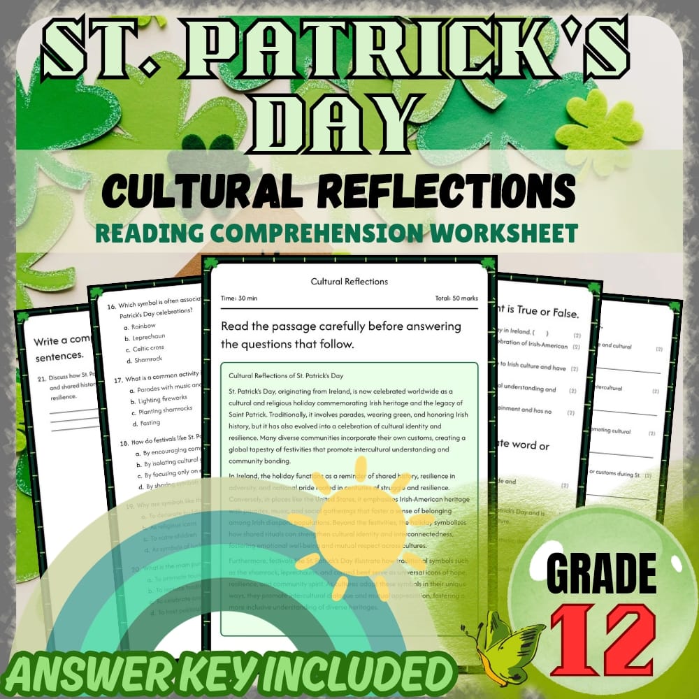Grade 12 Holiday | St.patricks day for Cultural Reflections | PDF + Answer Key
