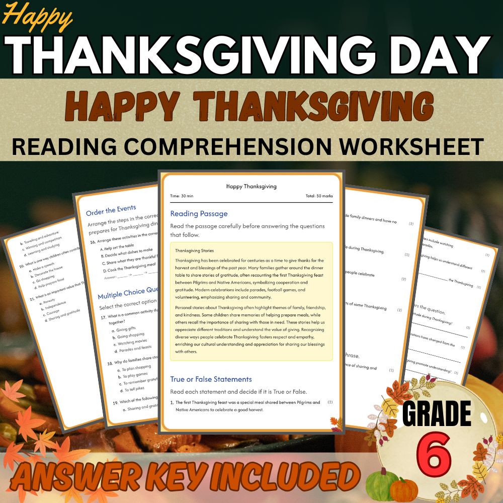 Grade 6 | Happy Thanksgiving Worksheet for Holiday Traditions | PDF + Answer Key