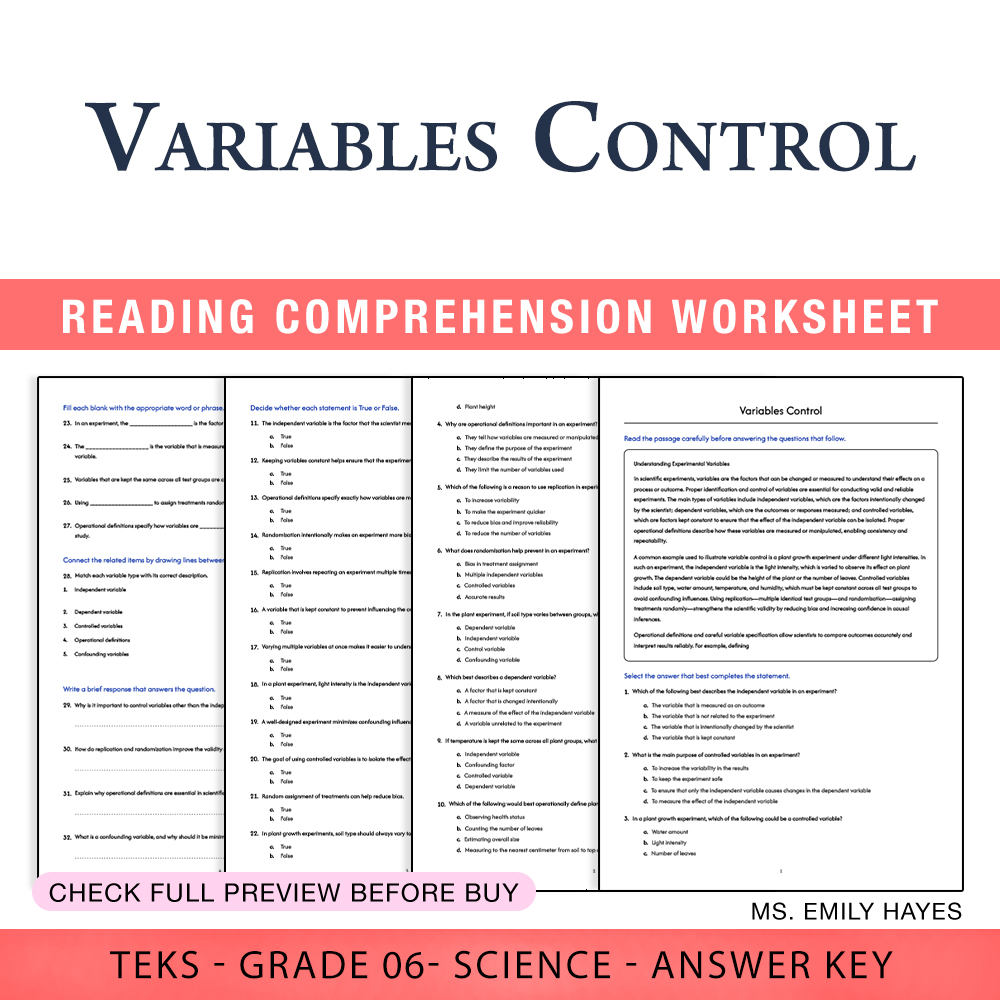 Grade 6 Science worksheet worksheet — 6th Grade Science | Variables Control Worksheet (PDF+ Answer Key) — page 1