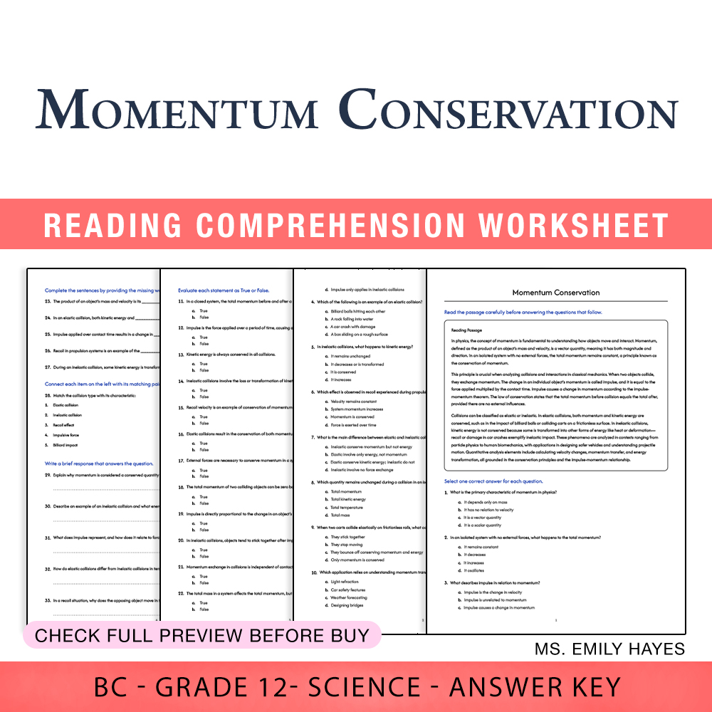 Grade 12 Science worksheet worksheet — Grade 12 Science | Momentum Conservation Worksheet (PDF+ Answer Key) — page 1