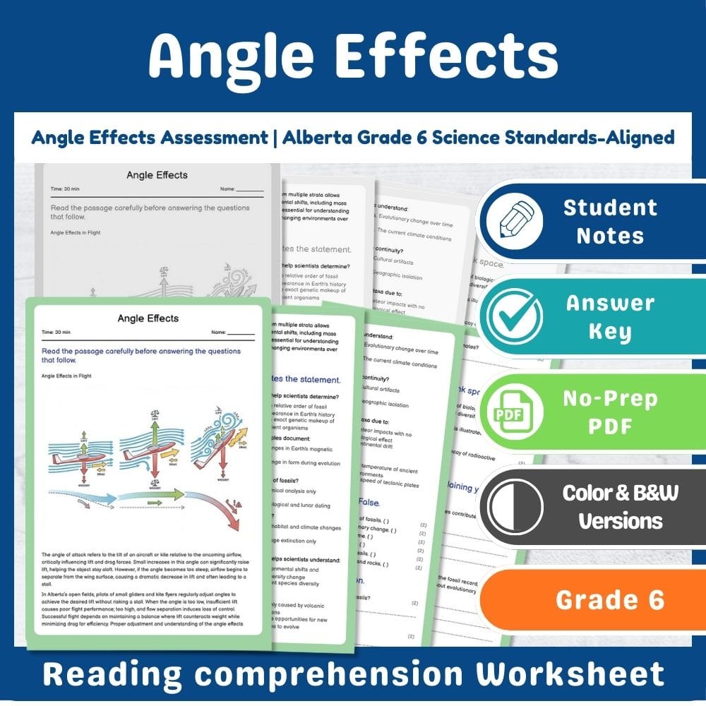 Grade 6 Science assessment worksheet — Angle Effects Assessment | Alberta Grade 6 Science Standards-Aligned — page 1