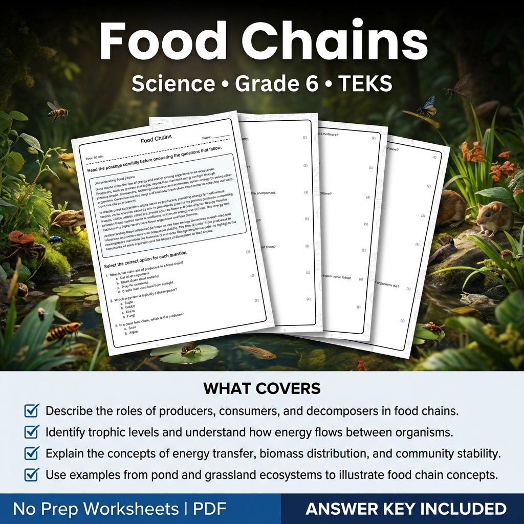 Grade 6 Science Worksheet on Food Chains | TEKS Aligned Practice