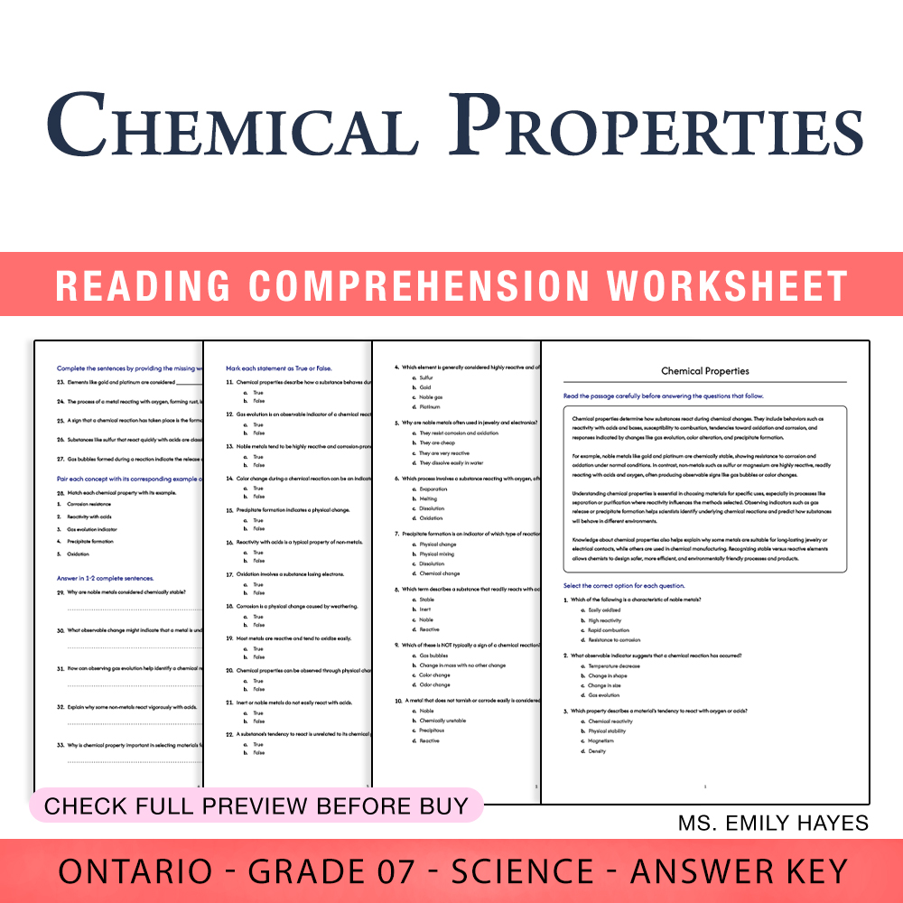 Grade 7 Science worksheet worksheet — 7th Grade Science | Chemical Properties Worksheet (PDF+ Answer Key) — page 1