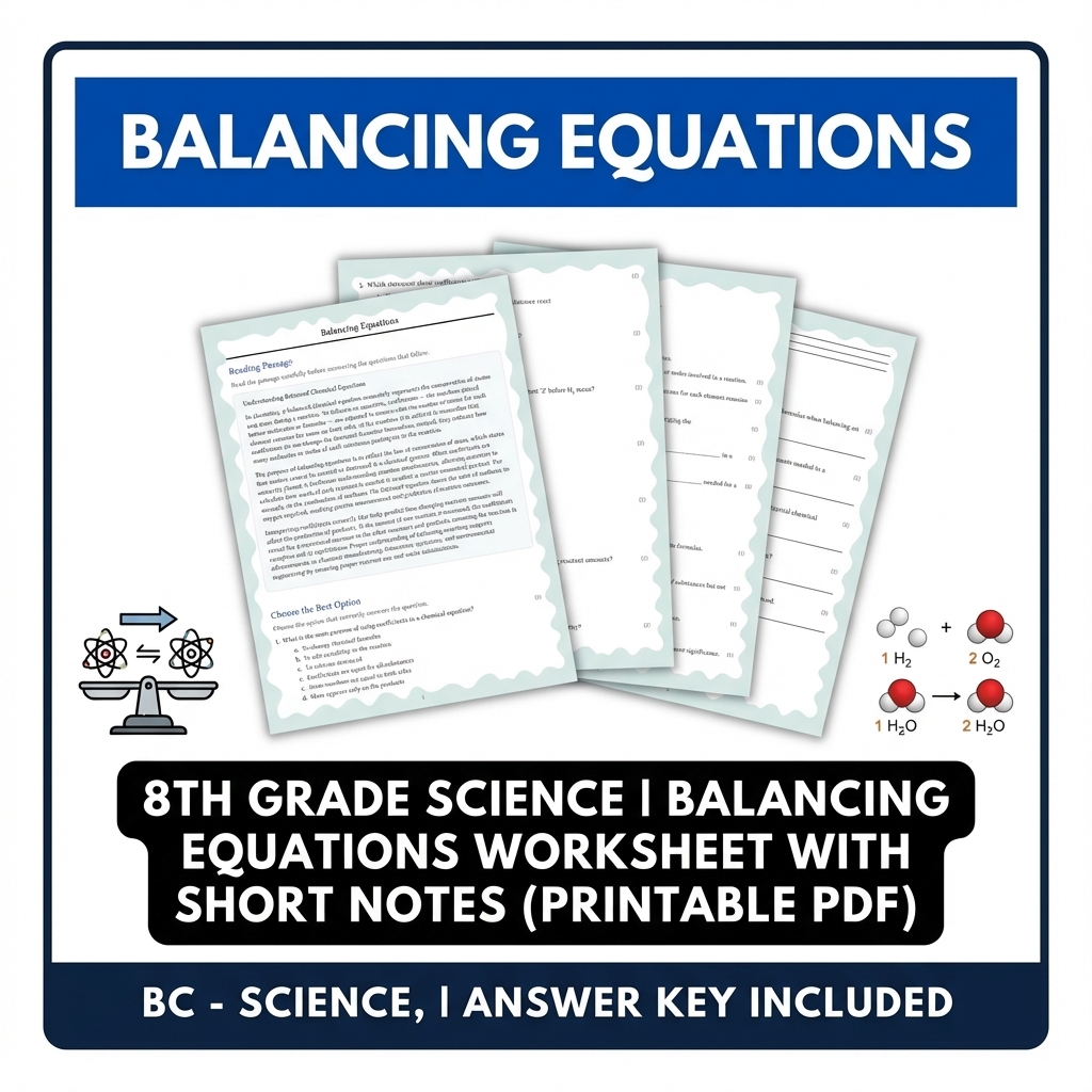 8th Grade Science | Balancing Equations Reading Worksheet and Answer Key (PDF)