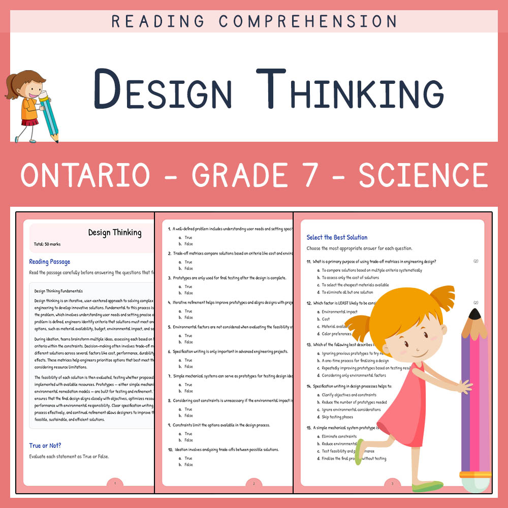 Grade 7 Science worksheet elena worksheet — Grade 7 Science | Design Thinking Worksheet | Ontario Standards — page 1