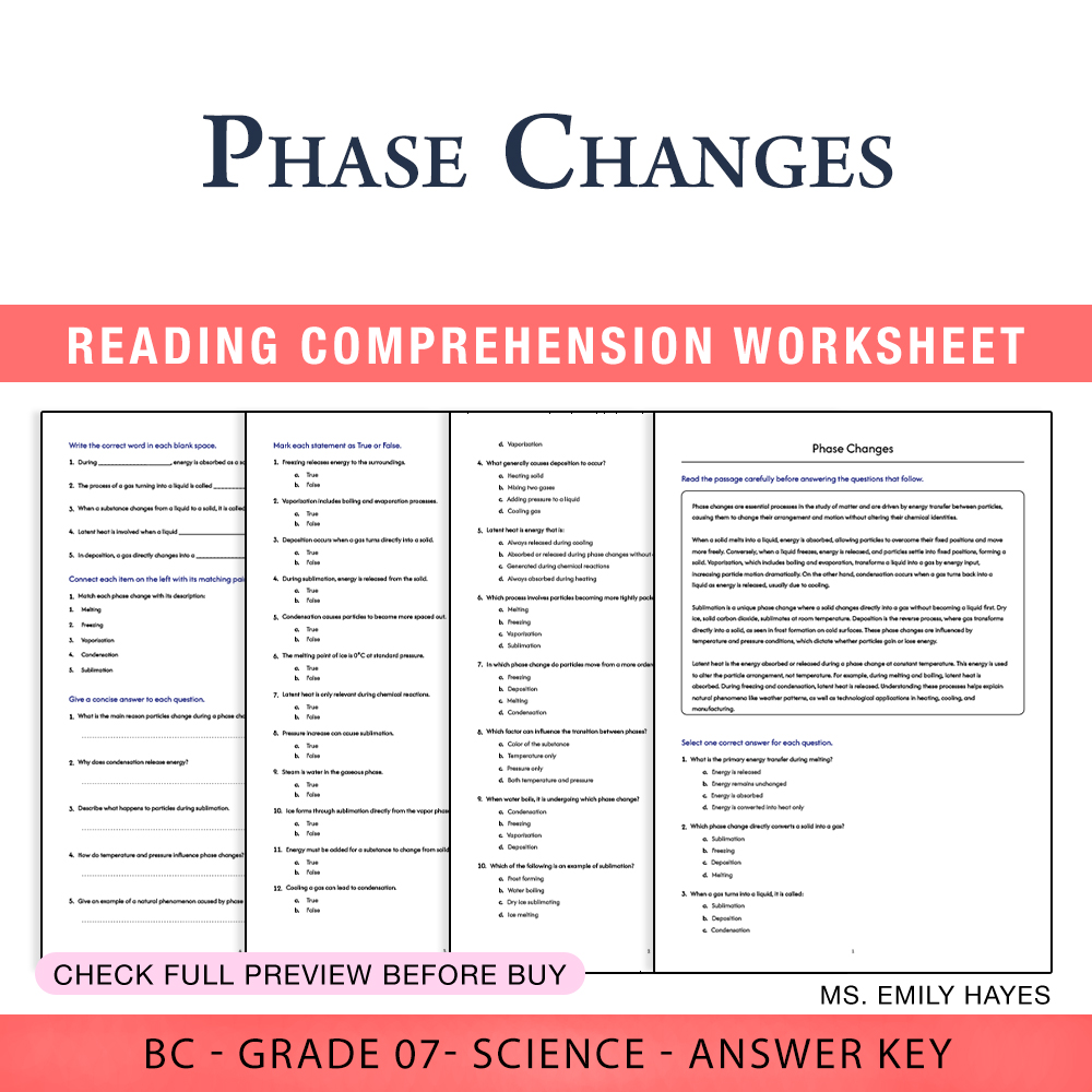 Grade 7 Science worksheet worksheet — 7th Grade Science | Phase Changes Worksheet (PDF+ Answer Key) — page 1