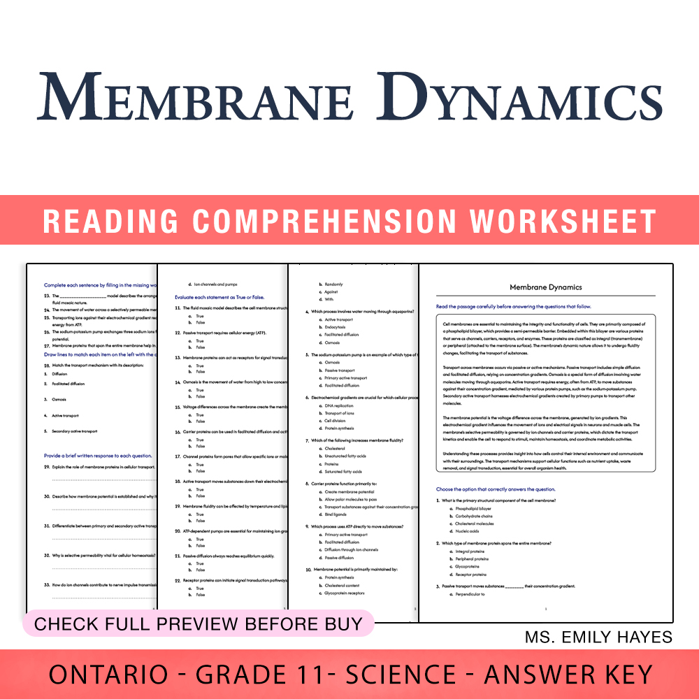 Grade 11 Science worksheet worksheet — Grade 11 Science | Membrane Dynamics Worksheet (PDF + Answer Key) — page 1