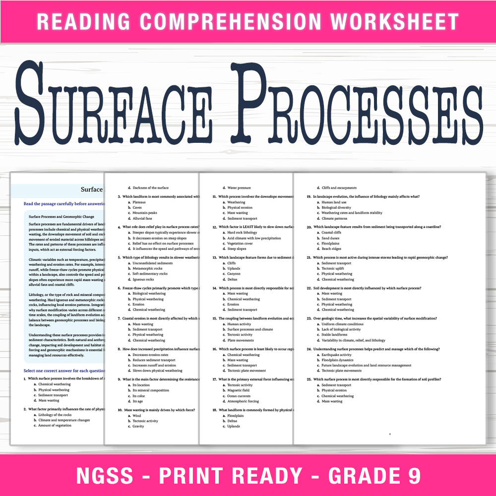 Grade 9 Science worksheet worksheet — Grade 9 Science | Surface Processes Worksheet (PDF + Answer Key) — page 1