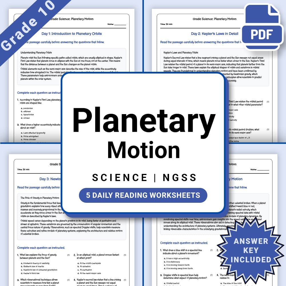 Grade 10 Science daily reading worksheet worksheet — Grade 10 Science – Planetary Motion Worksheet (PDF +Answer Key) — page 1