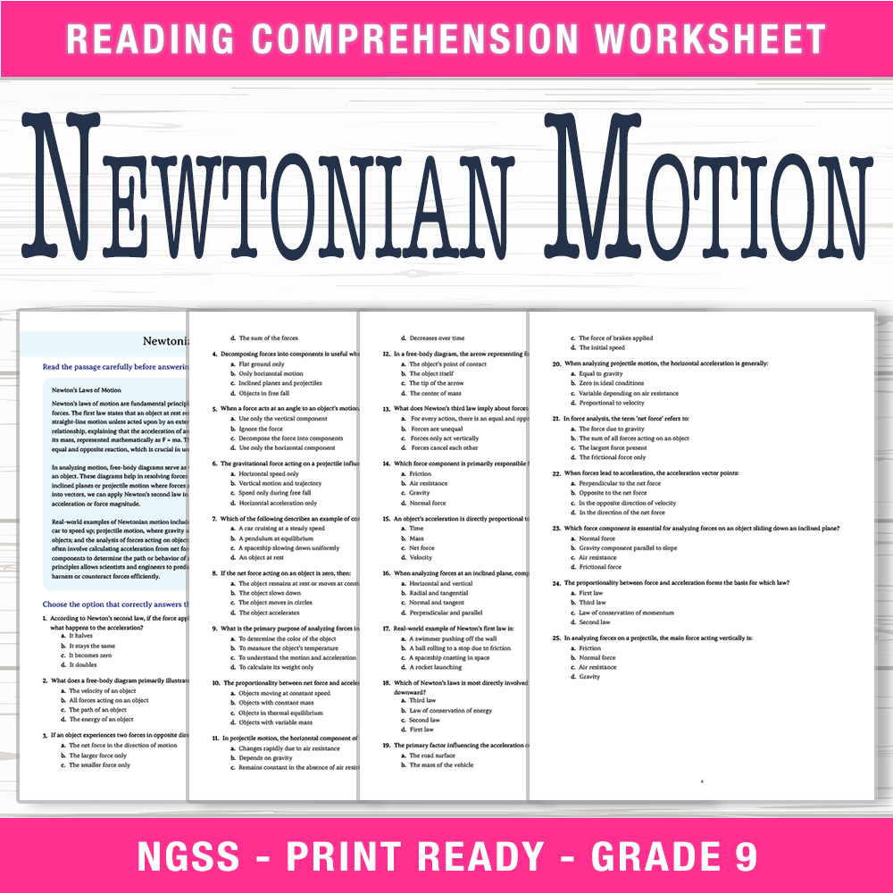 Grade 9 Science worksheet worksheet — Grade 9 Science – Newtonian Motion Worksheet (PDF + Answer Key) — page 1