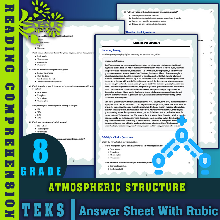 Grade 8 Science reading worksheets worksheet — Grade 8 Science | Atmospheric Structure Reading Worksheet (PDF + Answer Key…