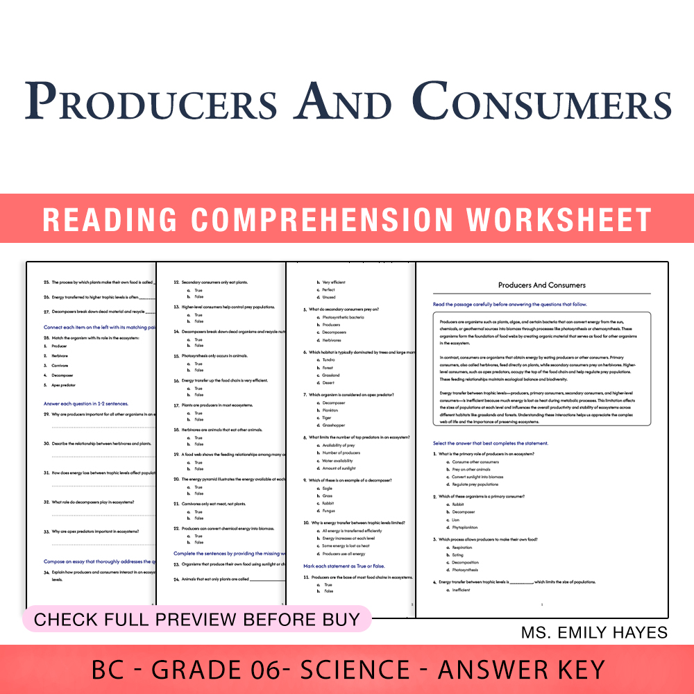 Grade 6 Science worksheet worksheet — 6th Grade Science | Producers and Consumers Worksheet (PDF+ Answer Key) — page 1