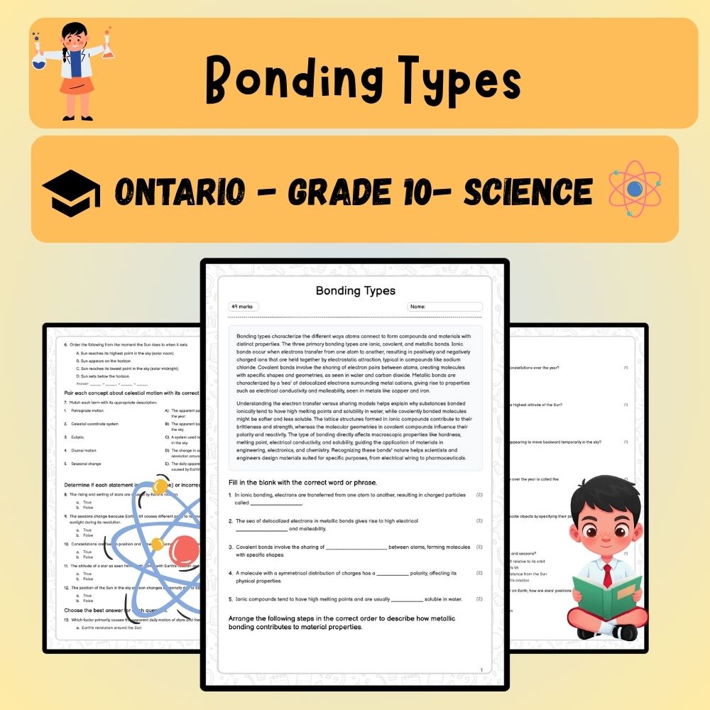 Grade 10 Science worksheet worksheet — Grade 10 Science | Bonding Types Worksheet (PDF) | Ontario Standards — page 1