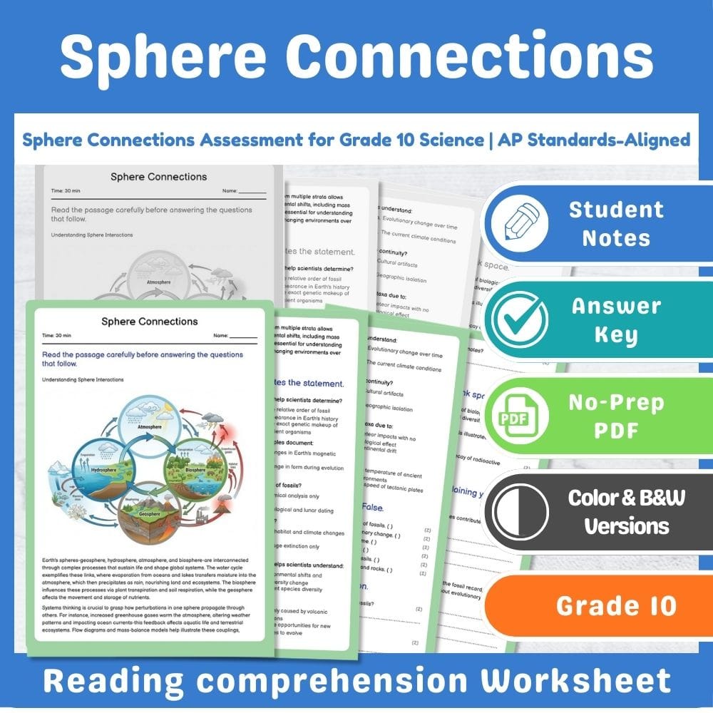 Grade 10 Science assessment worksheet — Sphere Connections Assessment for Grade 10 Science | AP Standards-Aligned — page 1