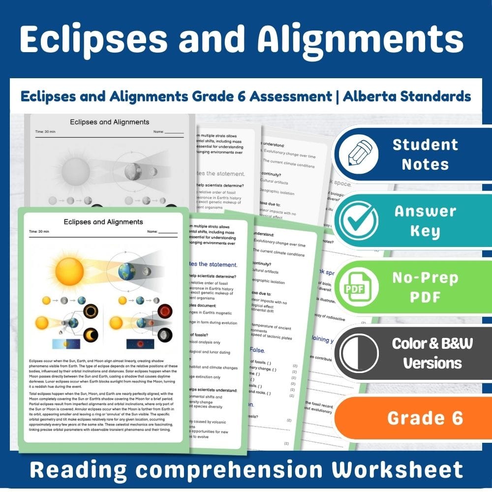 Grade 6 Science assessment worksheet — Eclipses and Alignments Grade 6 Assessment | Alberta Standards — page 1