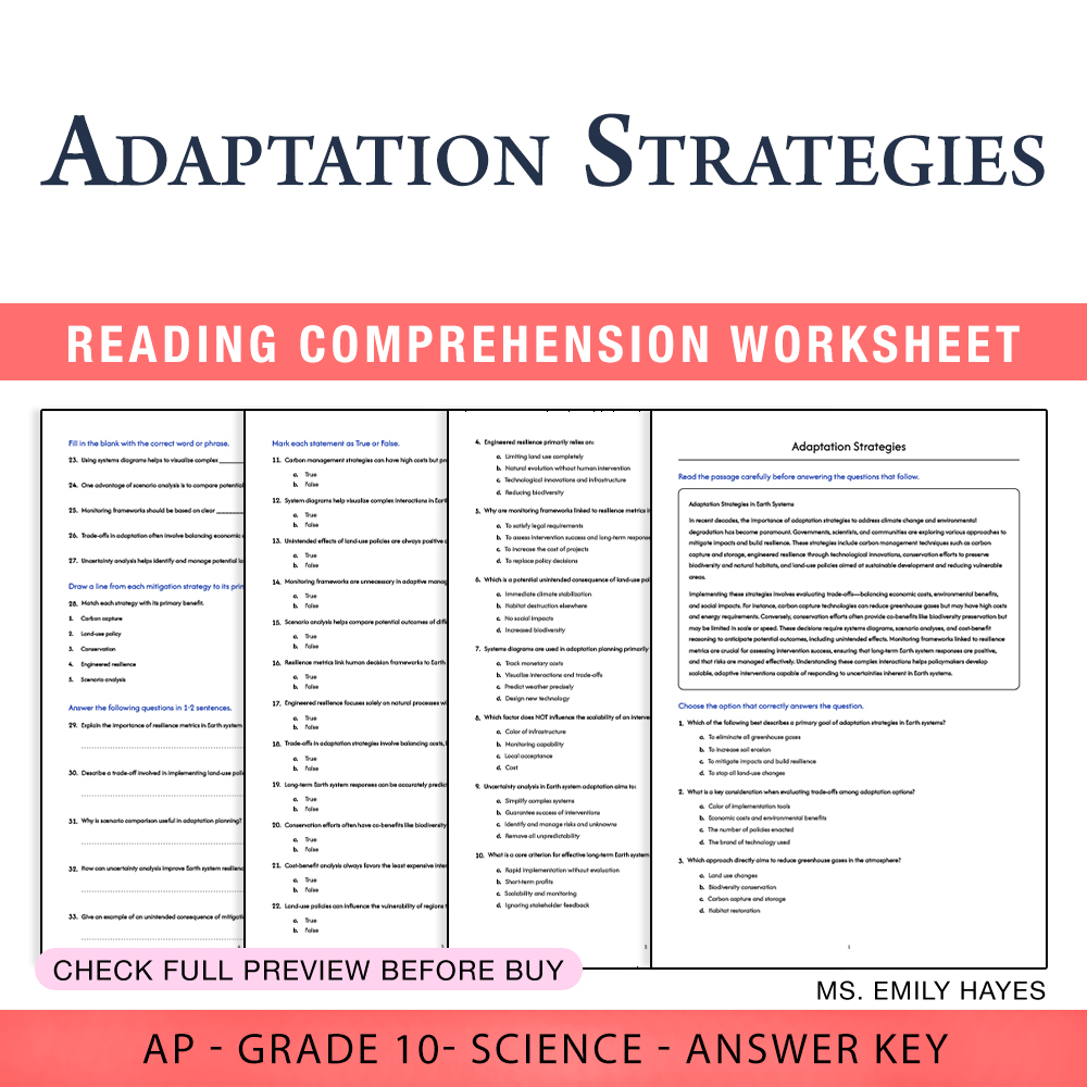 Grade 10 Science worksheet worksheet — 10th Grade Science | Adaptation Strategies Worksheet (PDF+ Answer Key) — page 1