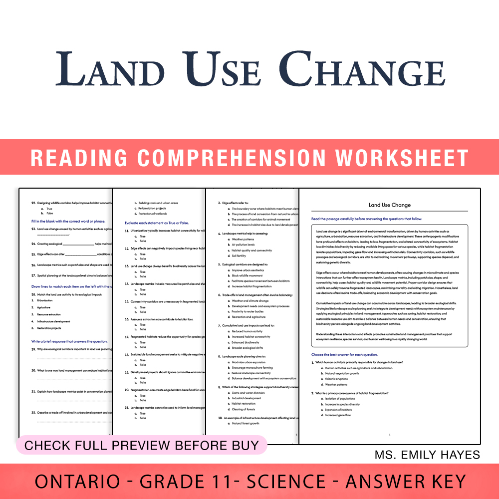 Grade 11 Science worksheet worksheet — 11th Grade Science | Land Use Change Worksheet (PDF + Answer Key) — page 1