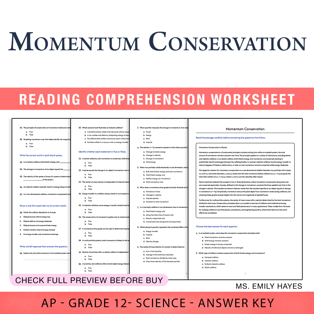 Grade 12 Science worksheet assessment worksheet — 12th Grade Science | Momentum Conservation Worksheet (PDF + Answer Key)…