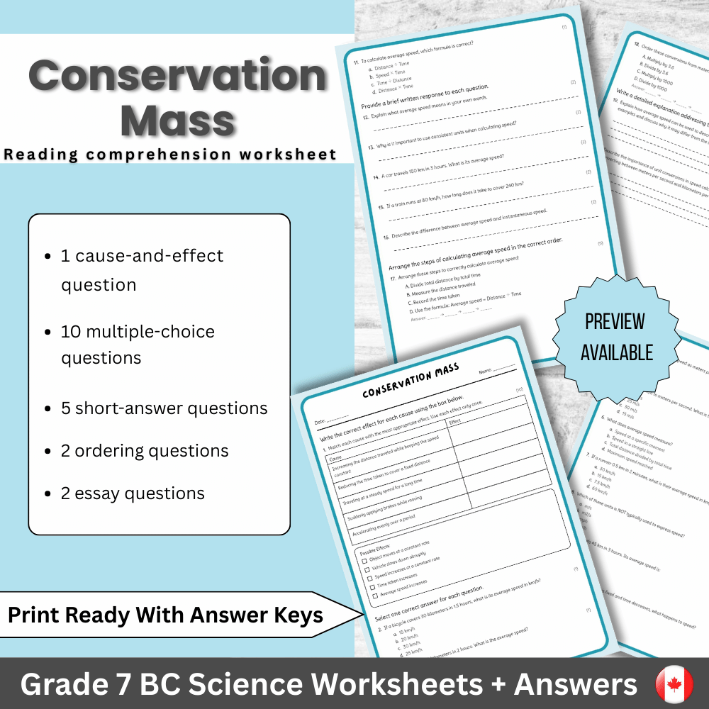 Grade 7 Science | Conservation of Mass Worksheet + Answer Key (PDF)