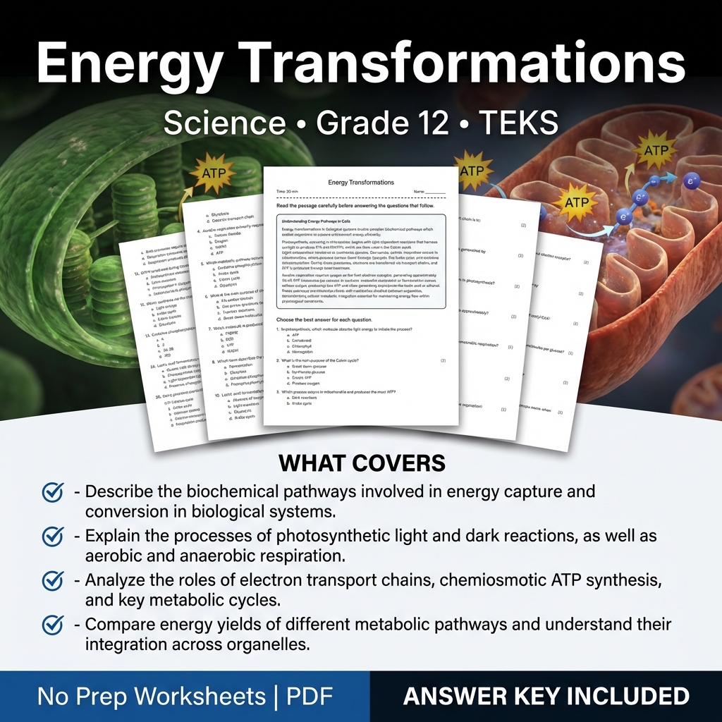 Energy Transformations Worksheet for Grade 12 Science | TEKS