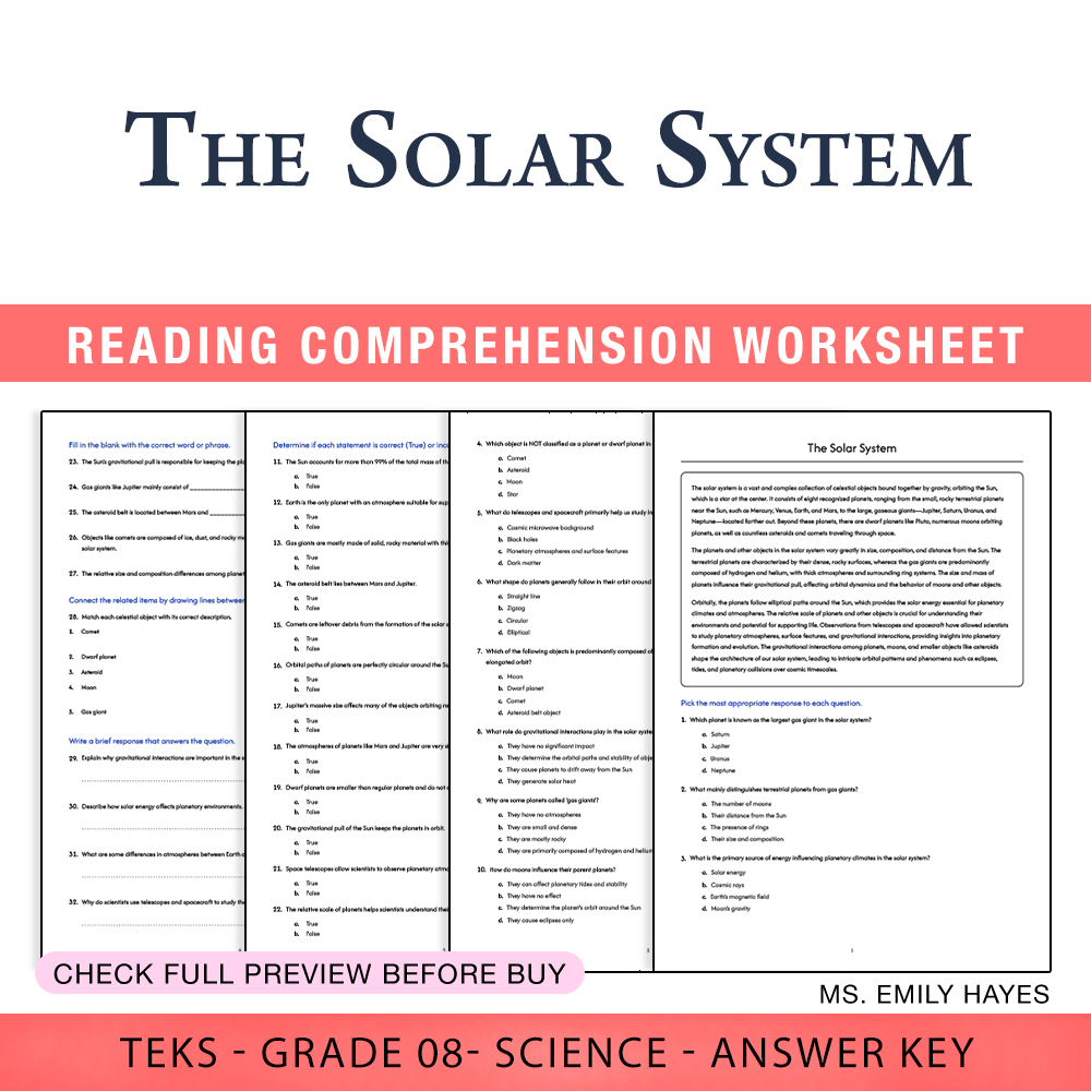 Grade 8 Science worksheet worksheet — 8th Grade Science | The Solar System Worksheet (PDF+ Answer Key) — page 1