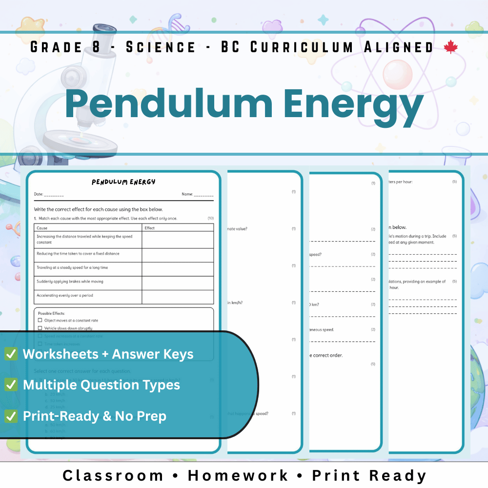 Grade 8 Science | Pendulum Energy Worksheet (Answer Key) – Motion & Energy