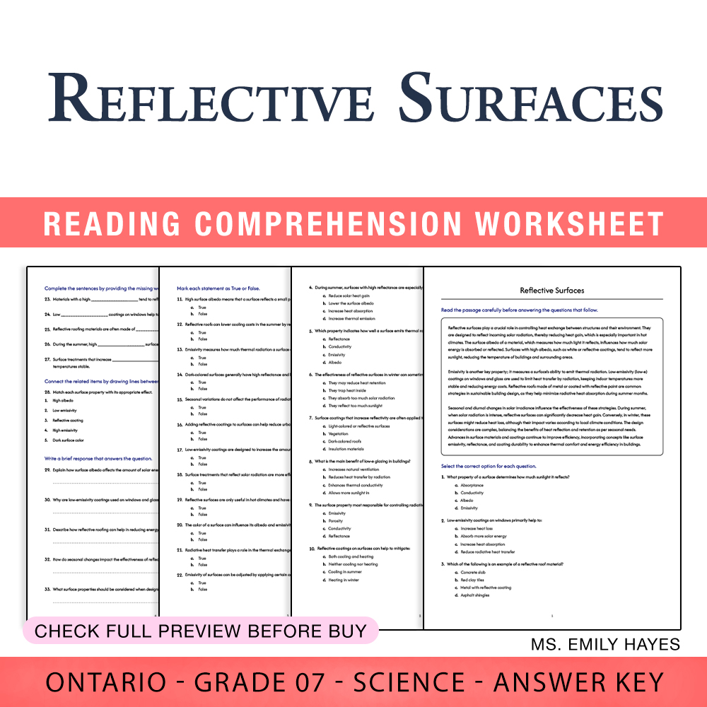 Grade 7 Science worksheet worksheet — 7th Grade Science | Reflective Surfaces Worksheet (PDF+ Answer Key) — page 1