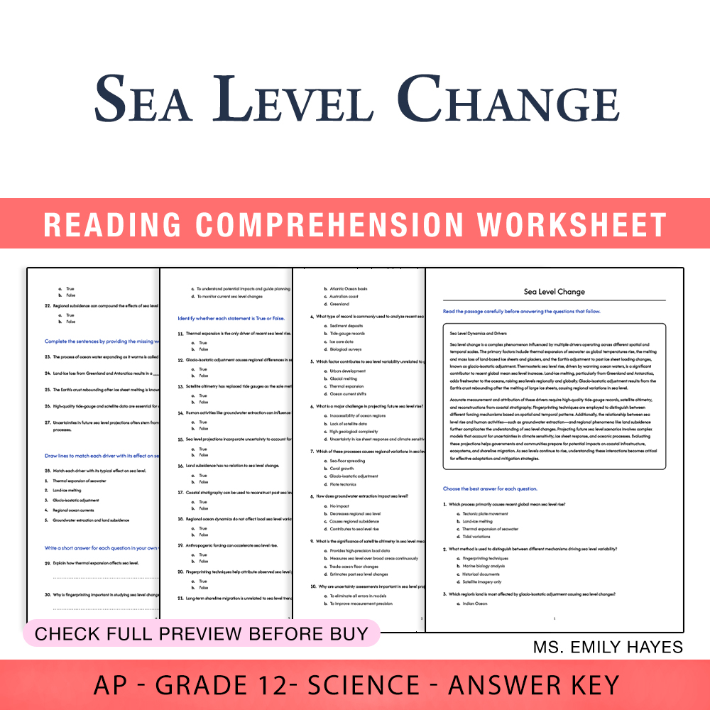 Grade 12 Science worksheet assessment worksheet — Grade 12 Science | Sea Level Change Assessment Worksheet (PDF+ Answer Ke…