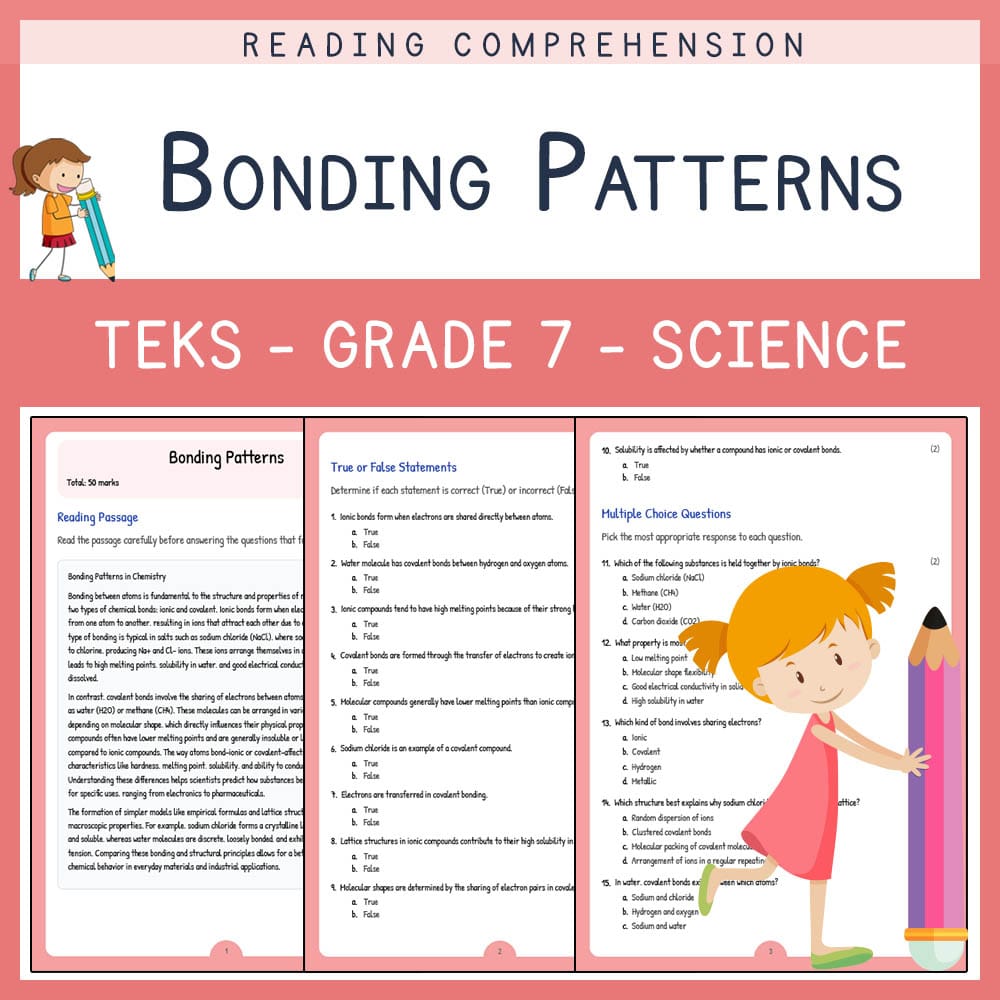 Grade 7 Science worksheet elena worksheet — Grade 7 Science | Bonding Patterns Worksheet | TEKS-Aligned — page 1