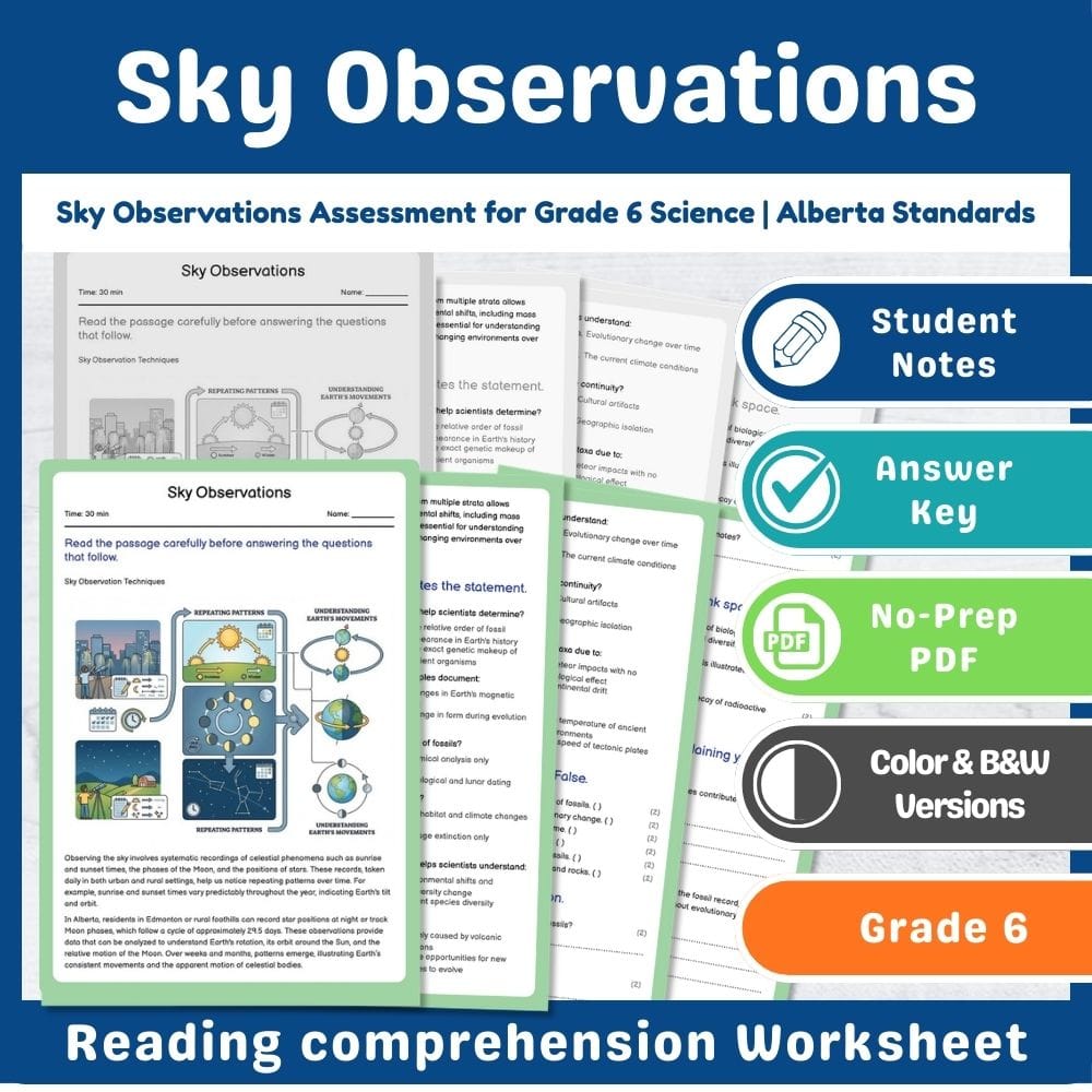 Grade 6 Science assessment worksheet — Sky Observations Assessment for Grade 6 Science | Alberta Standards — page 1