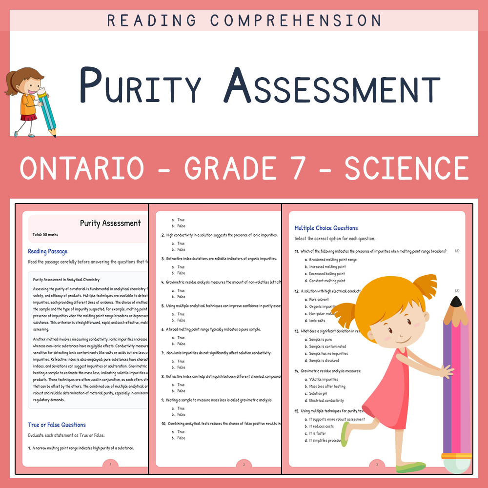 Grade 7 Science worksheet elena worksheet — Grade 7 Science | Purity Assessment Worksheet | Ontario Standard — page 1