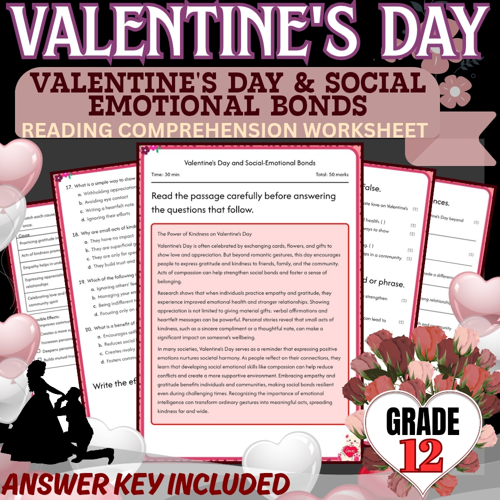 Grade 12 Holiday Unit | Valentine’s Day Worksheet Collection (PDF + Answer Key) — included worksheet 2