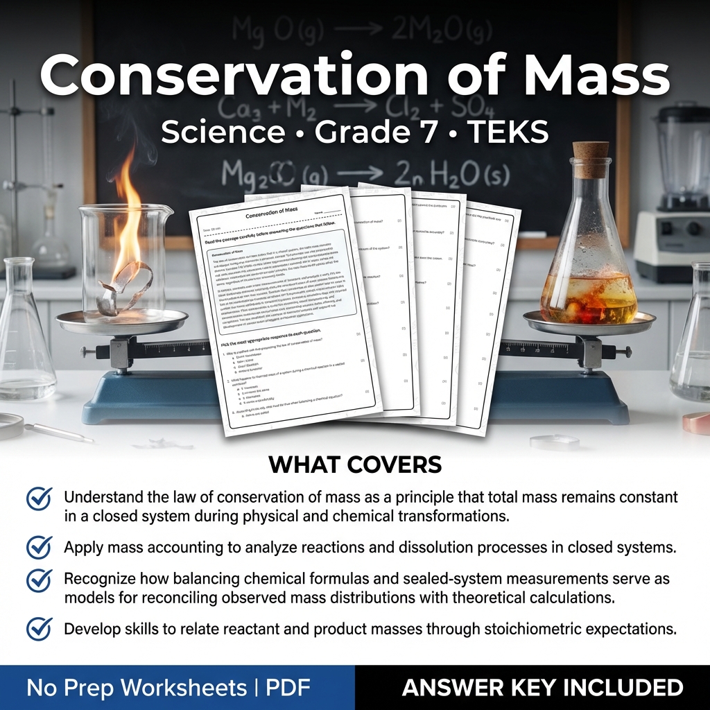Grade 7 Science worksheet — Grade 7 Science Worksheet on Conservation of Mass | TEKS Aligned