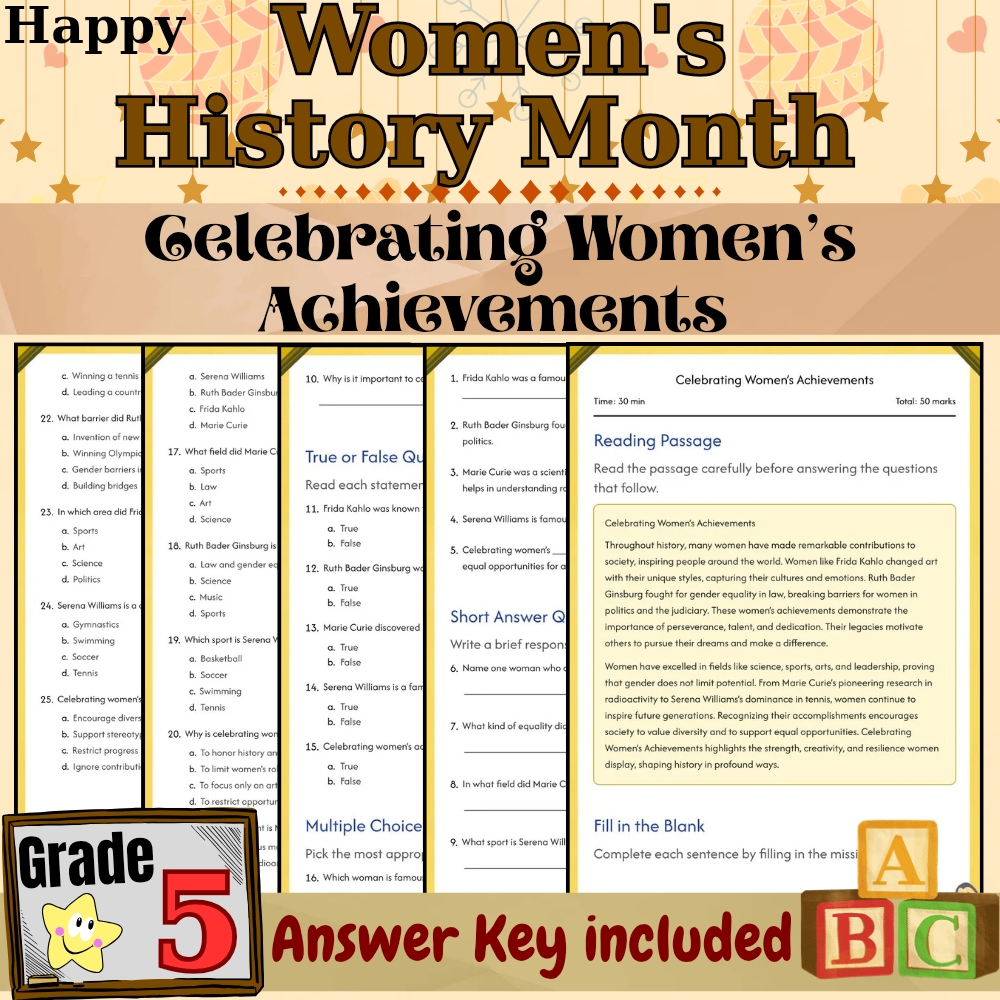Grade 5 Seasonl Women’s Achievements Worksheet for Celebrating|PDF+Answer Key