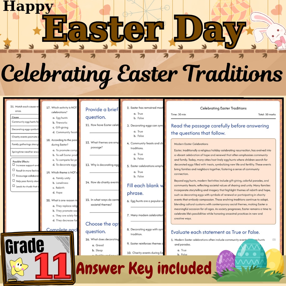 Grade 11 Seasonal Unit | Celebrating Easter Traditions & Symbols Worksheet Pack — included worksheet 1